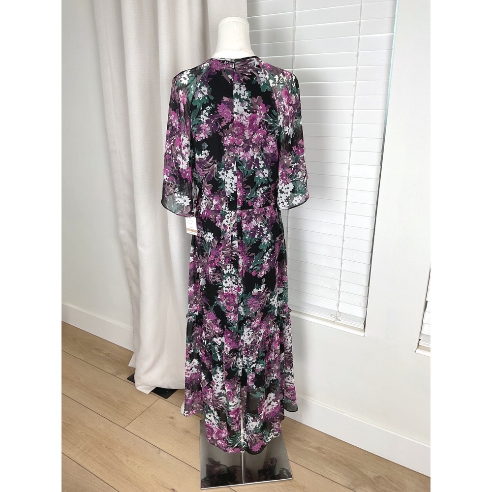 Taylor Floral Maxi Dress Purple Black Flutter Sleeve Smocked Waist Size 12 NEW - Picture 8 of 14